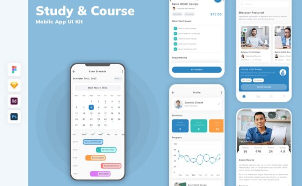 在线学习和课程移动应用App UI Kit (SKETCH,FIG,XD,PSD)