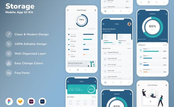 存储移动应用App UI Kit (SKETCH,FIG,XD,PSD)
