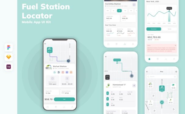 加油站定位器移动应用 APP UI KIT (SKETCH,FIG,XD)