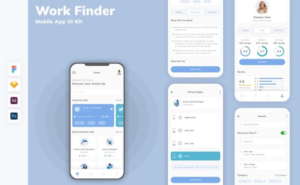 找工作求职器移动应用APP UI KIT (SKETCH,FIG,XD,PSD)
