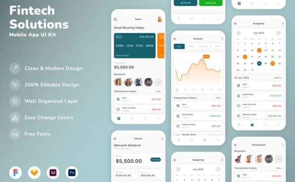 金融科技解决方案移动应用APP UI KIT (SKETCH,FIG,XD,PSD)