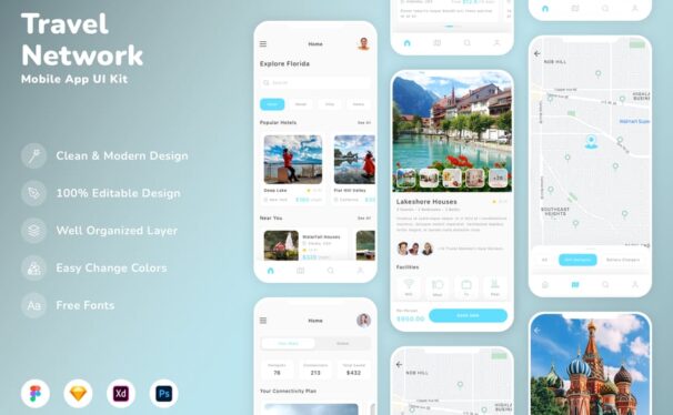 旅游网络移动应用APP UI KIT (SKETCH,FIG,XD,PSD)