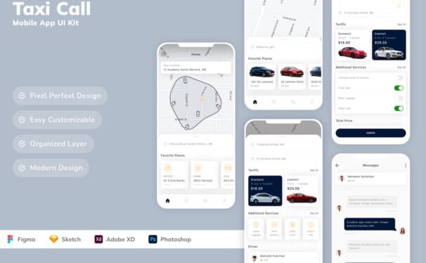 出租车呼叫移动应用APP UI KIT (SKETCH,FIG,XD,PSD)