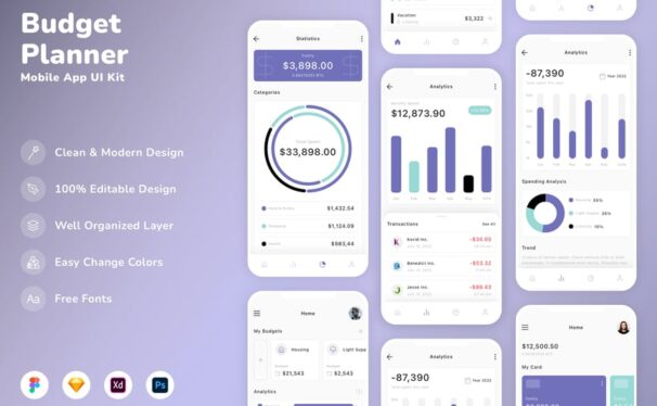 预算规划器移动应用APP UI KIT (SKETCH,FIG,XD,PSD)