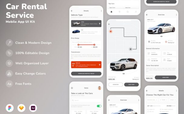 汽车租赁服务移动应用APP UI KIT (SKETCH,FIG,XD)