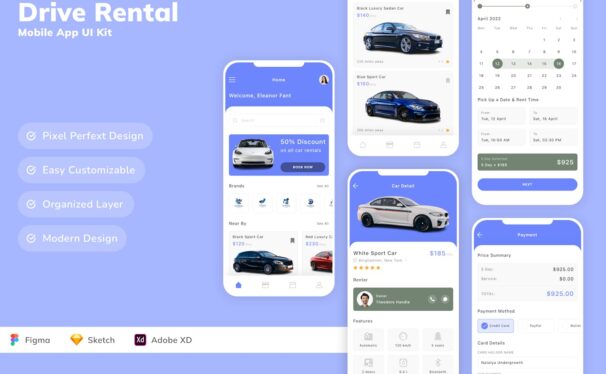 汽车租赁移动应用  APP UI KIT (SKETCH,FIG,XD)