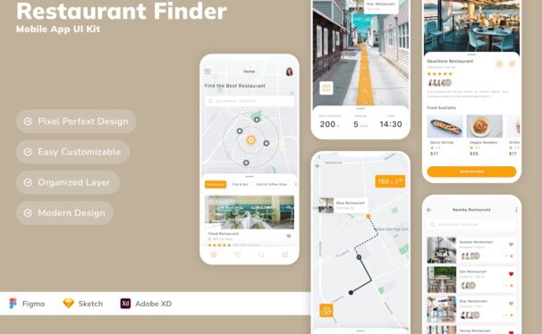 餐厅查找移动应用  APP UI KIT (SKETCH,FIG,XD)