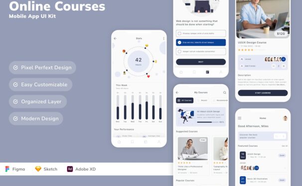 在线课程移动应用 App UI Kit (SKETCH,FIG,XD)