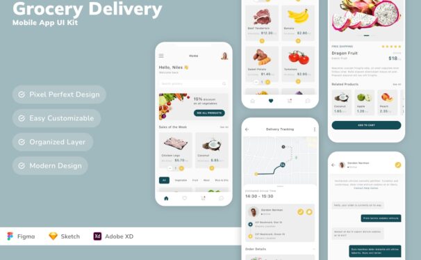 杂货配送移动应用 App UI Kit (SKETCH,FIG,XD)