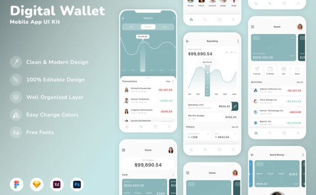 数字钱包移动应用  APP UI KIT (SKETCH,FIG,XD,PSD)