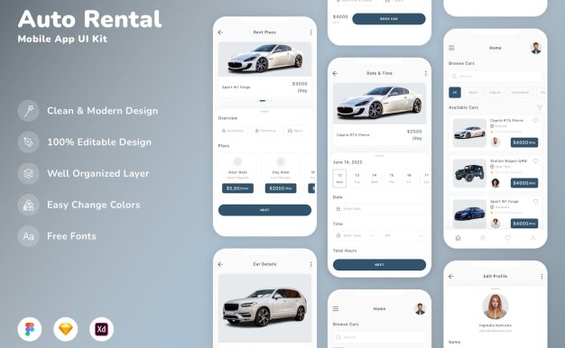 汽车租赁移动应用APP UI KIT (SKETCH,FIG,XD)