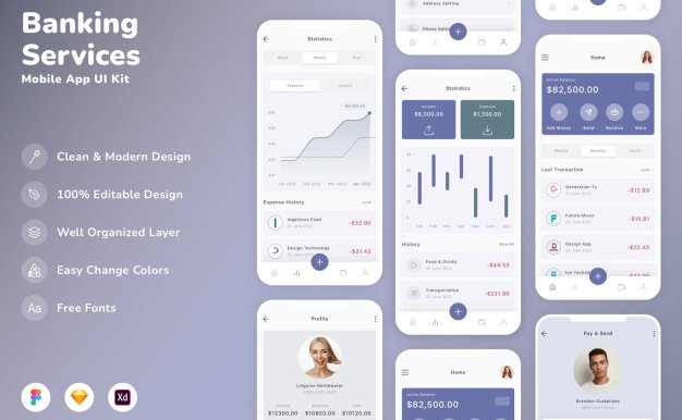 银行服务移动应用APP UI KIT (SKETCH,FIG,XD)