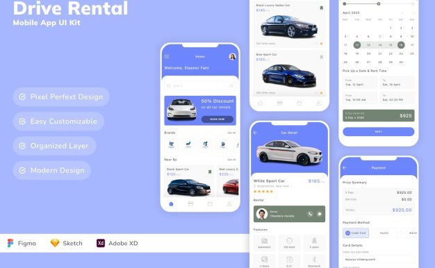 汽车租赁移动应用  APP UI KIT (SKETCH,FIG,XD)