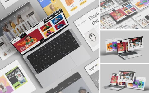 笔记本电脑屏幕网站模型样机 (PDF,PSD)