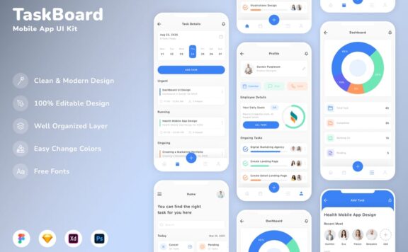 任务板移动应用APP UI KIT (SKETCH,FIG,XD,PSD)