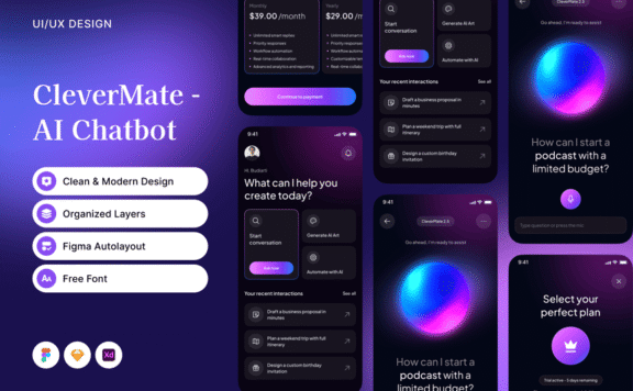 AI聊天机器人移动应用APP UI KIT (FIG,SKETCH,XD)