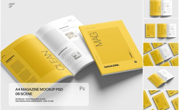 A4杂志模型设置智能对象样机 (PSD)