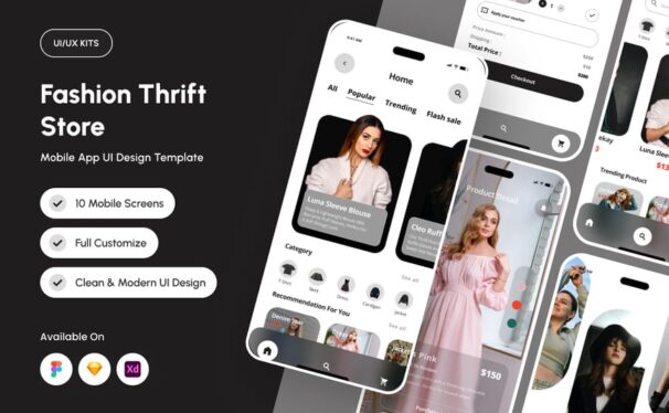 时尚的旧货购物应用APP UI KIT (FIG,SKETCH,XD)
