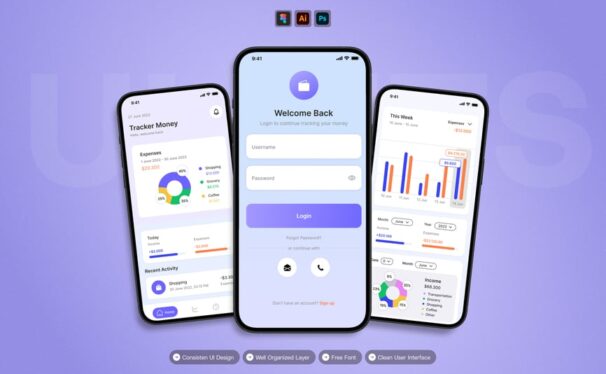货币追踪器 – 移动应用APP UI KIT (AI,EPS,PSD,FIG)