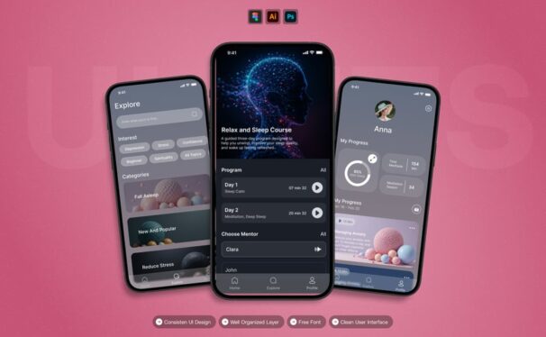 冥想 – 移动应用APP UI KIT (AI,EPS,PSD,FIG)