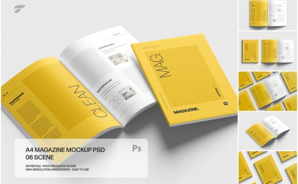 A4杂志模型设置智能对象样机 (PSD)