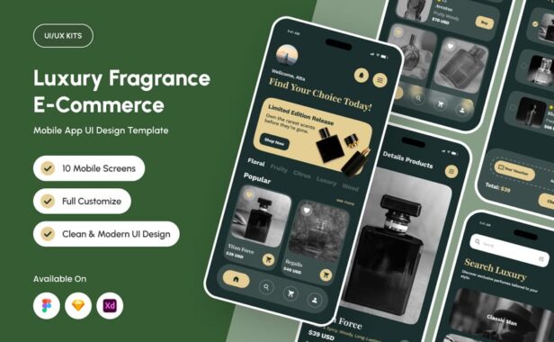 豪华香水电子商务应用APP UI KIT (FIG,SKETCH,XD)