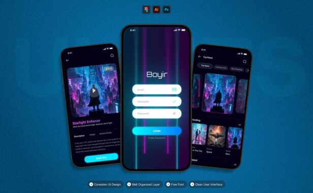 电影预订 – 移动应用APP UI KIT (AI,EPS,PSD,FIG)