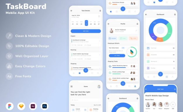 任务板移动应用APP UI KIT (SKETCH,FIG,XD,PSD)