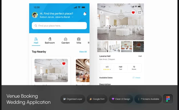 场地预订婚礼 – 移动应用APP UI KIT (FIG)