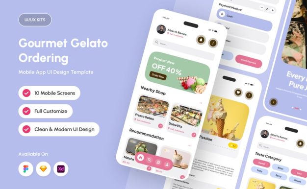 美食冰淇淋订购应用APP UI KIT (FIG,SKETCH,XD)