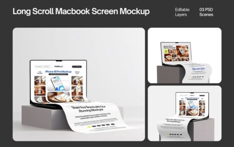 长卷轴扩展笔记本电脑屏幕模型集样机 (PSD)