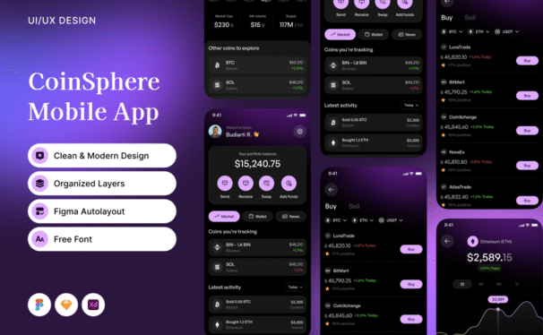 加密货币移动应用APP UI KIT (FIG,SKETCH,XD)