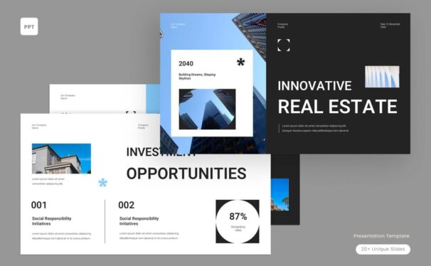 黑色极简主义房地产公司资料PPT模板 (PPT,PPTX)