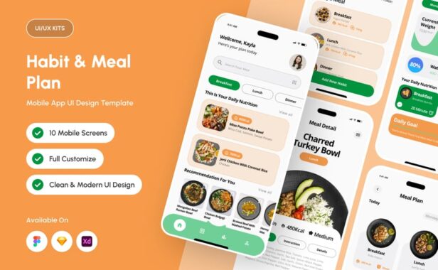 习惯和餐计划移动应用APP UI KIT (XD)