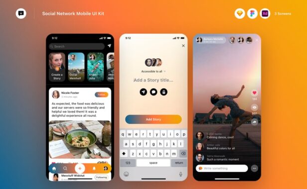 社交网络移动UI套件APP UI KIT (SKETCH,FIG,XD)
