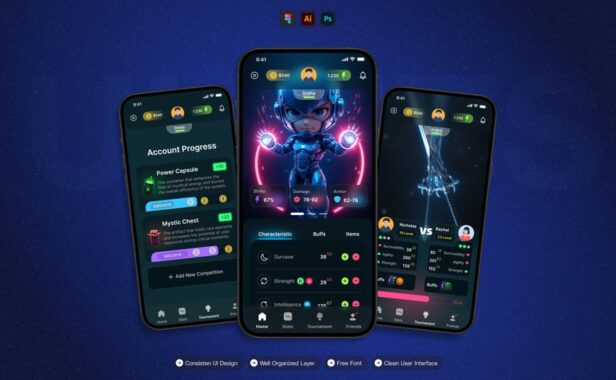 战斗游戏 – 移动应用APP UI KIT (AI,EPS,PSD,FIG)