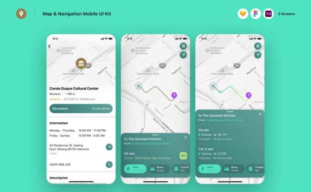 地图和导航移动UI套件APP UI KIT (SKETCH,FIG,XD)