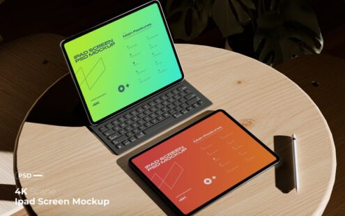 木桌上的 iPad 屏幕模型
