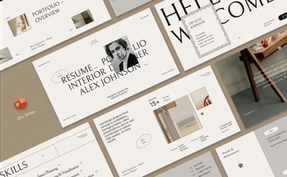 米色室内设计师简历和投资组合PPT模板 (PPT,PPTX)