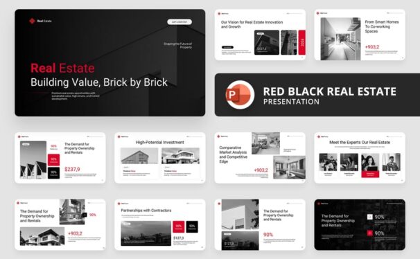 红色黑色房地产PPT模板 (PPTX)