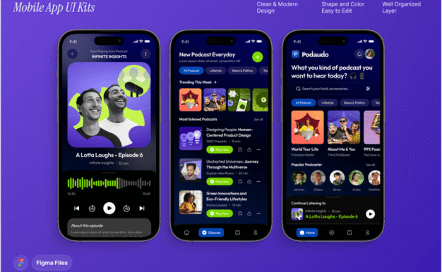 Podiaudio – 播客应用程序移动 UI 套件