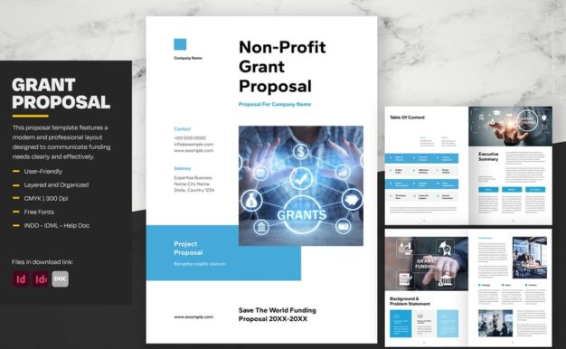 简洁的非营利性拨款提案，带有蓝色点缀