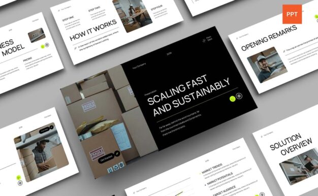 白色绿色黑色现代极简主义俯仰甲板PPT模板 (PPT,PPTX)