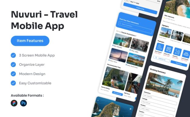 Nuvuri – 旅行移动应用 UI 套件