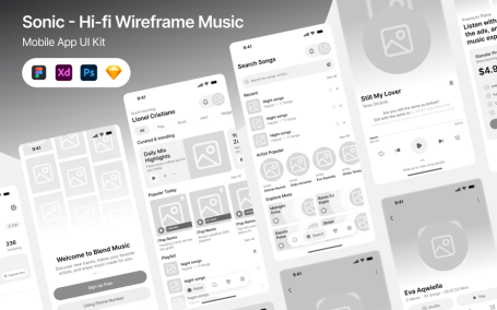 Sonic – 高保真线框图音乐 UI UX 套件