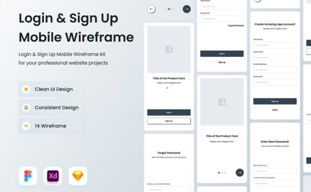 登录和注册 移动线框图套件